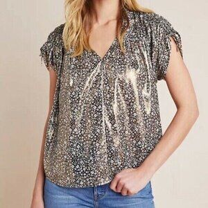 Anthropologie Metallic Top Womens Medium Gold Short Sleeve V-Neck Floral Blouse